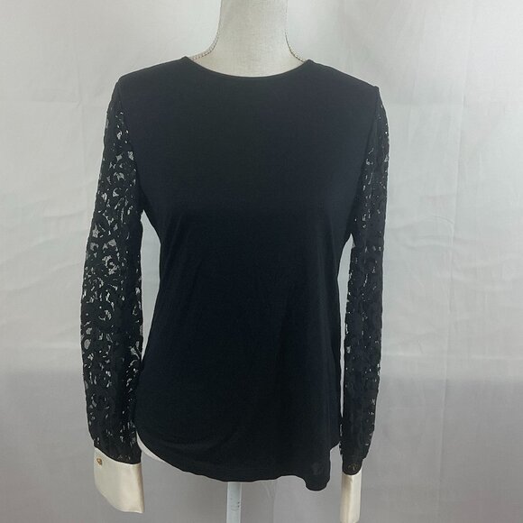 Tory Burch Top S Black Long Lace Sleeve Cream Cuffs Keyhole Back Detail - Picture 1 of 12